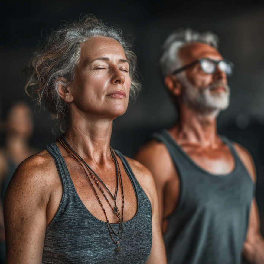 Літня жінка займається йогою на природі